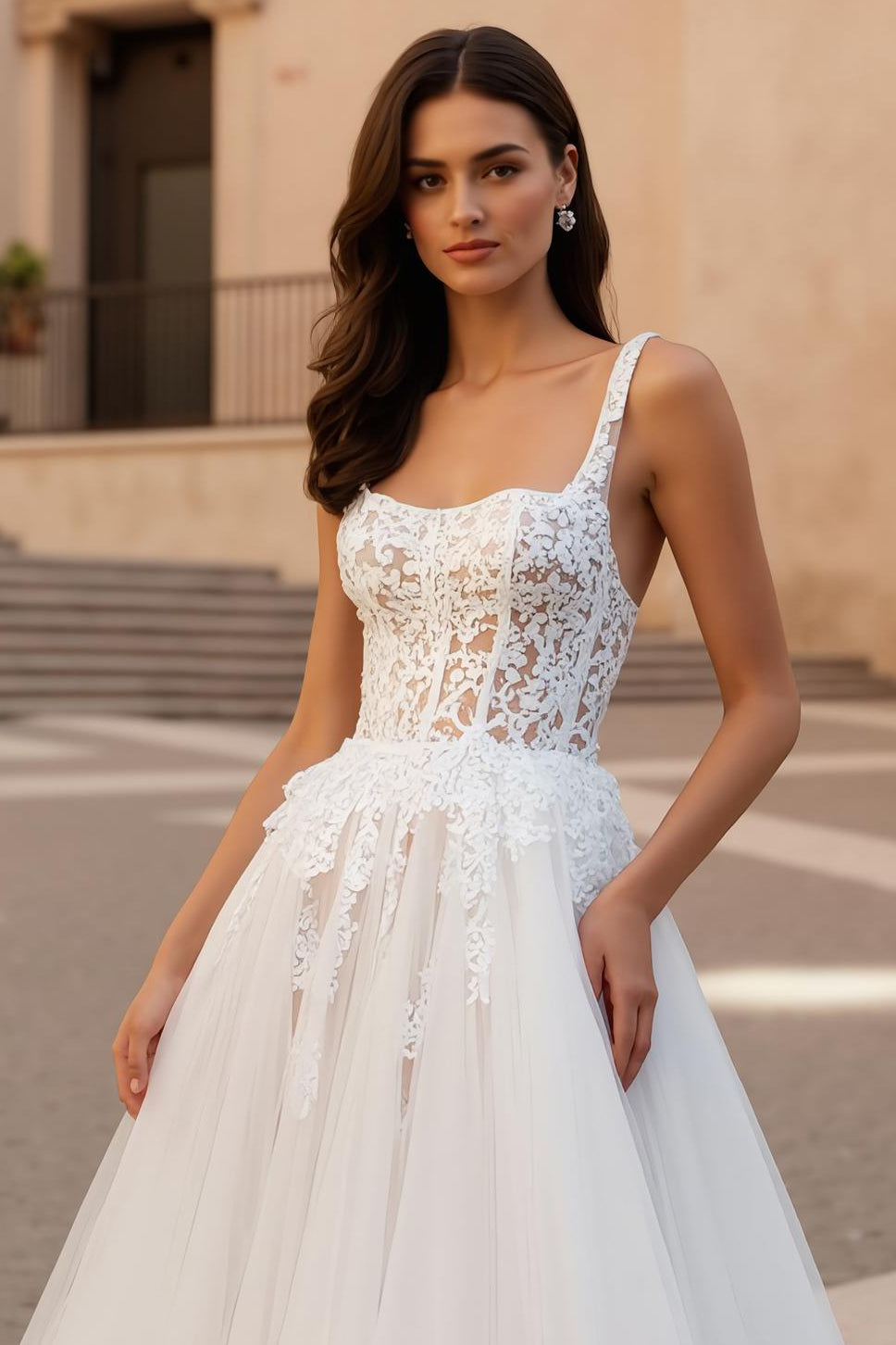 Ivory A Line Square Neck Corset Tulle Court Train Wedding Dress With Lace