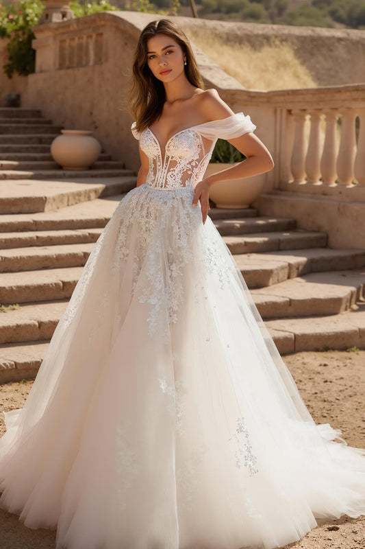 A-Line Ivory Off The Shoulder Tulle Court Train Wedding Dress With Lace Appliques