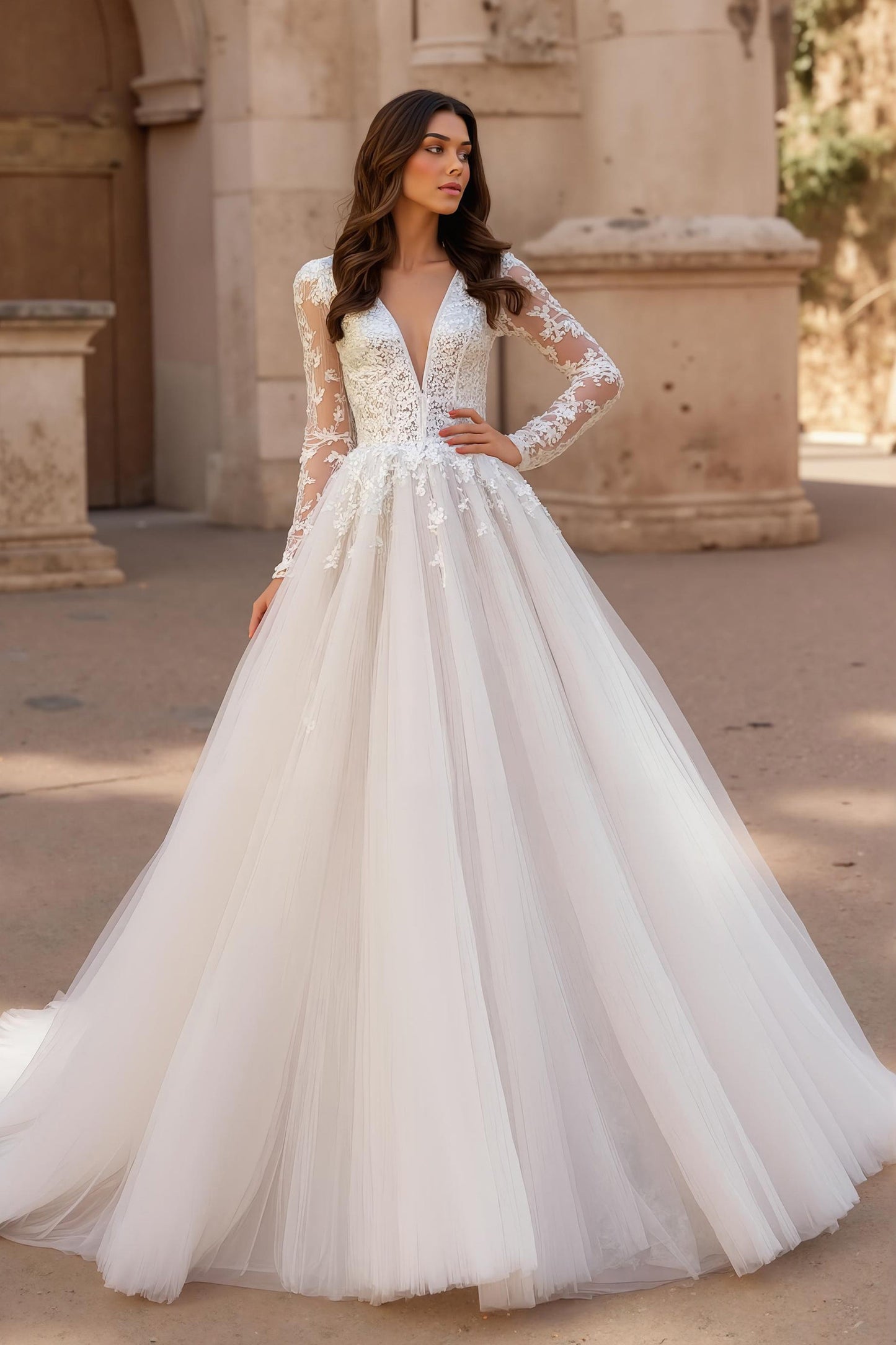 Ivory A-Line V-Neck Long Sleeves Court Train Wedding Dress With Lace