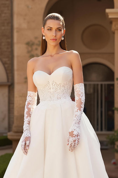 A Line Ivory Strapless Corset Sweetheart Tulle Court Train Wedding Dress With Lace