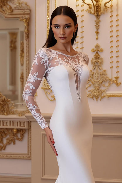 Mermaid White Illusion Neck Long Sleeves Court Train Wedding Dress With Lace