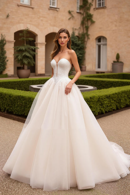 A-Line Ivory Strapless V-Neck Court Train Wedding Dress