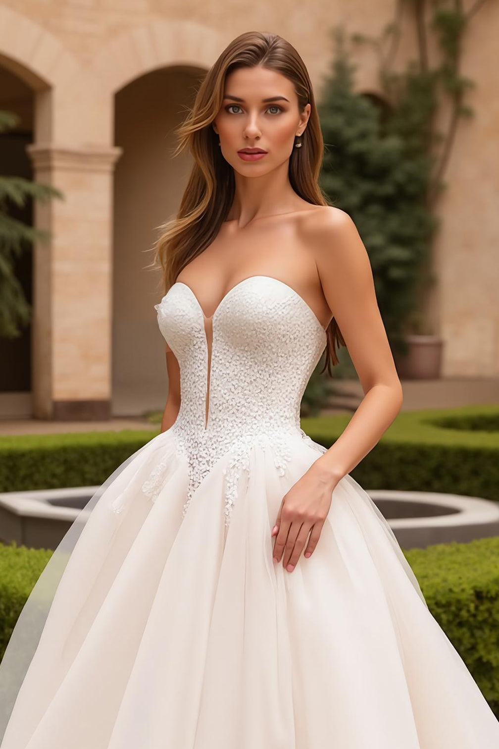 A-Line Ivory Strapless V-Neck Court Train Wedding Dress