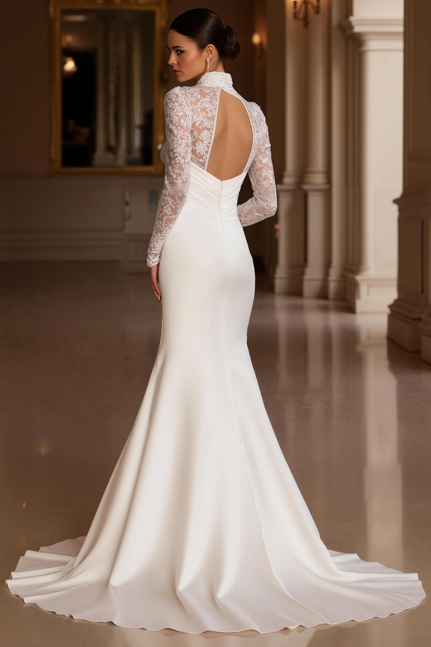 Ivory Mermaid High Neck Long Sleeve Court Train Wedding Dress With Lace