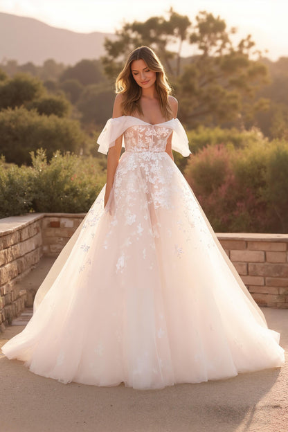 Ivory A Line Off The Shoulder Flutter Sleeve Court Train Wedding Dress With Lace