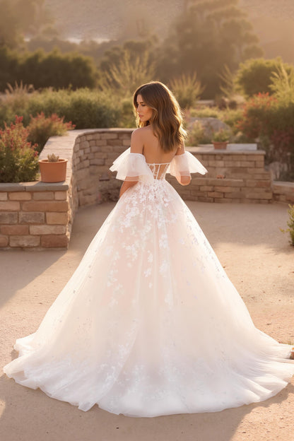 Ivory A Line Off The Shoulder Flutter Sleeve Court Train Wedding Dress With Lace