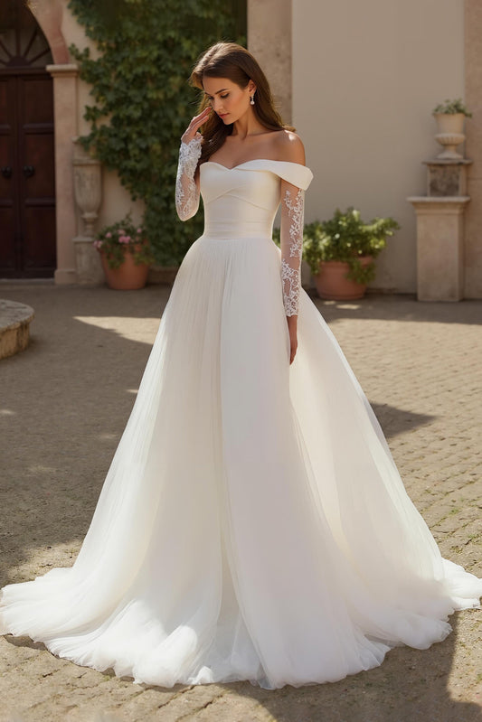 Ivory A Line Off The Shoulder Tulle Court Train Wedding Dress With Lace