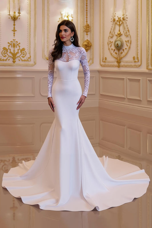 White Satin Mermaid High Neck Ruched Court Train Wedding Dress With Lace