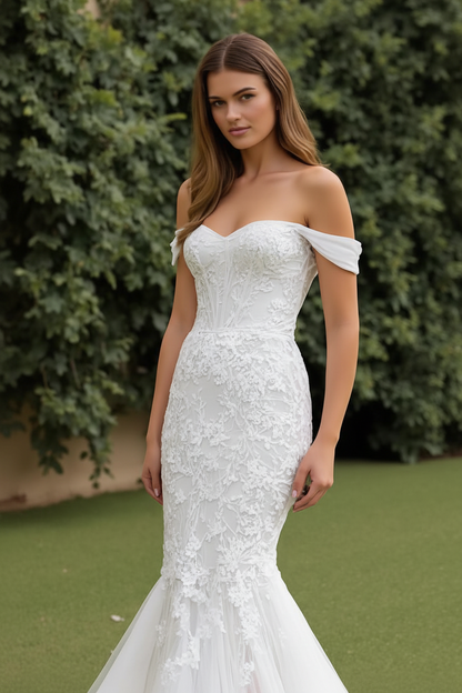Ivory Lace Tulle Off The Shoulder Corset Mermaid Wedding Dress
