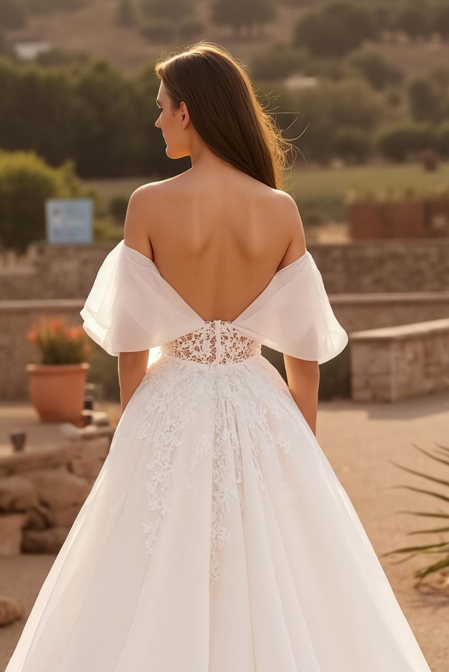 Flutter Sleeve Ivory Tulle Off The Shoulder Corset Long Wedding Dress