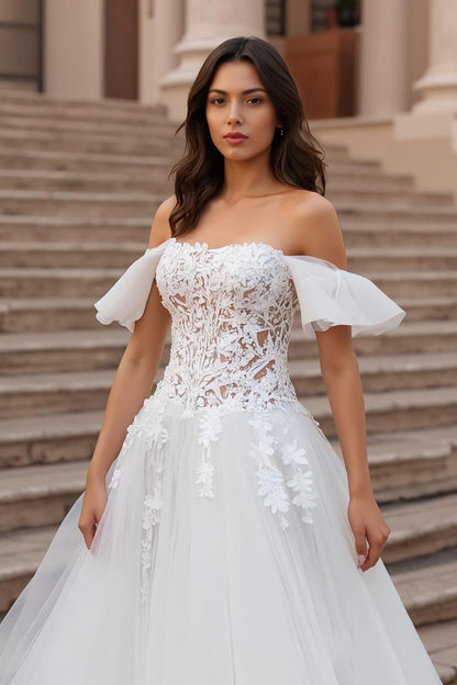 Off The Shoulder Ivory Tulle A Line Appliqued Long Wedding Dress