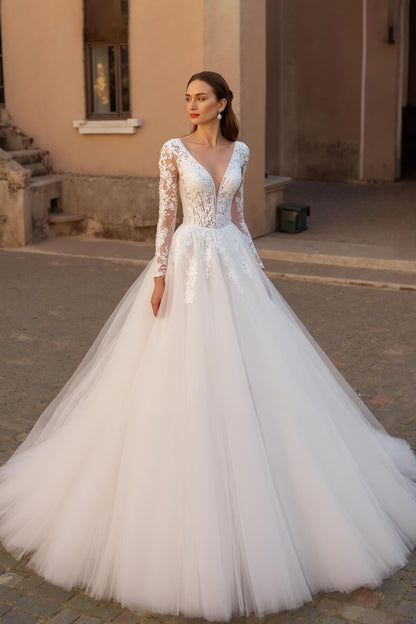 V Neck Lace Ivory Tulle A Line Long Wedding Dress With Long Sleeves
