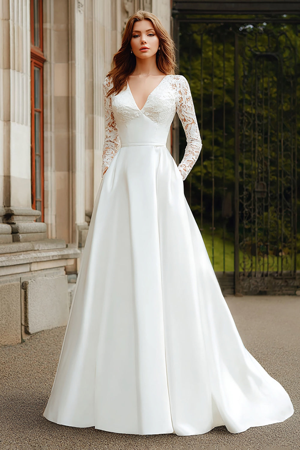 Ivory V-Neck A Line Long Sleeves Wedding Dress with Lace