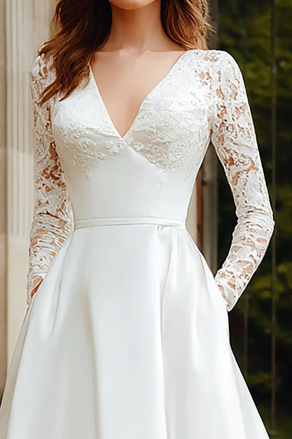 Ivory V-Neck A Line Long Sleeves Wedding Dress with Lace