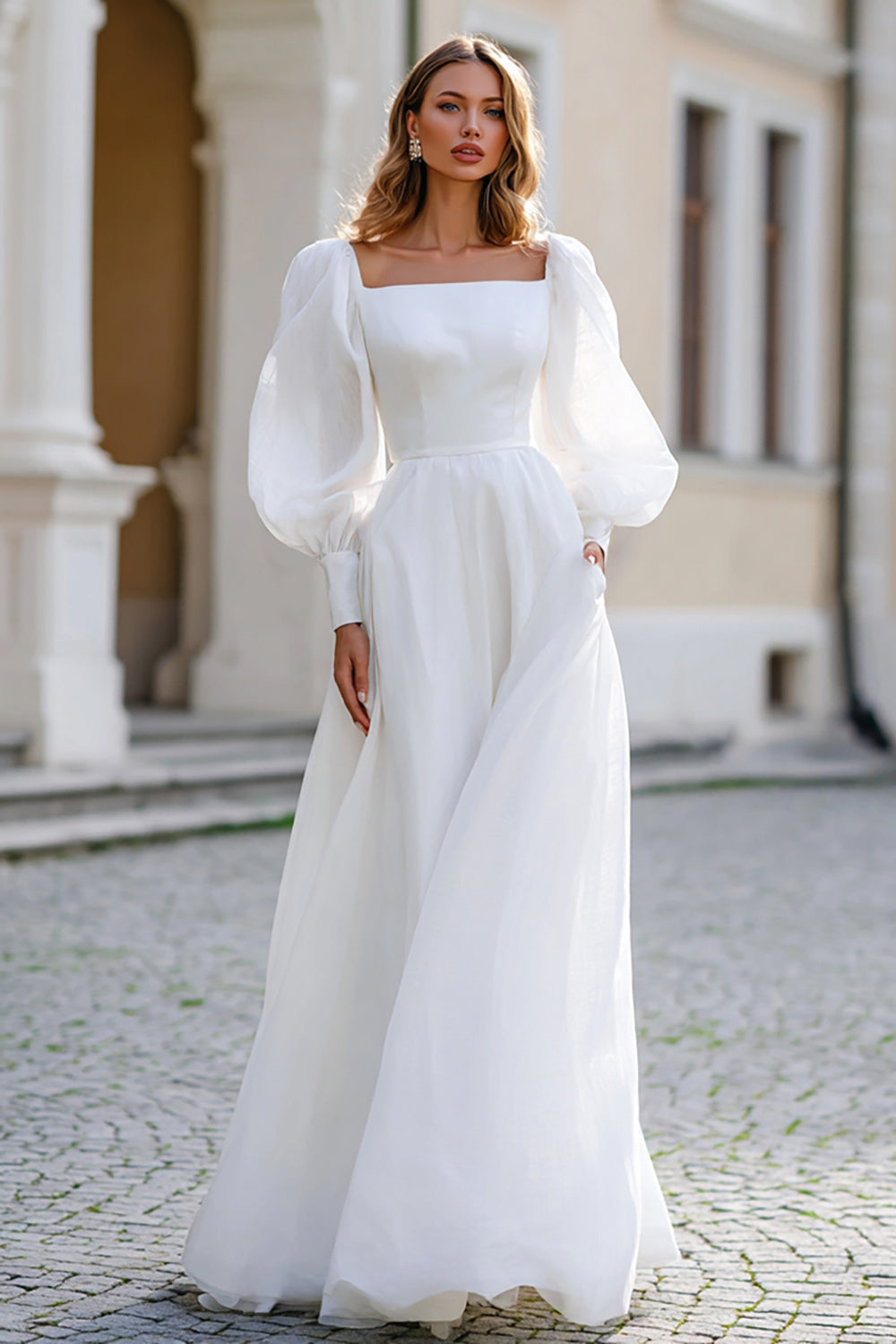 Square Neck Long Sleeves A Line Wedding Dress