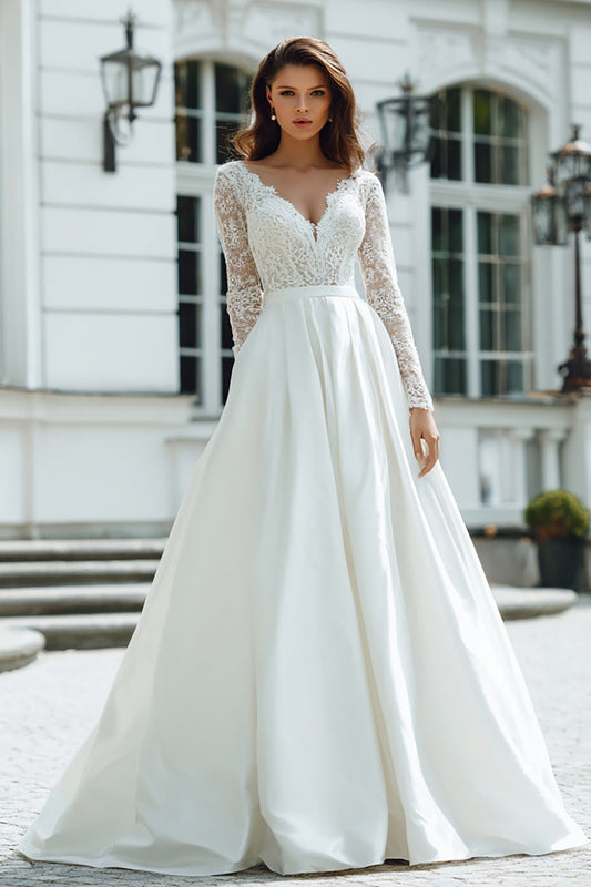 Ivory Long Sleeve A Line V Neck Lace Wedding Dress