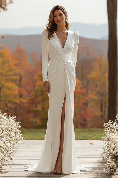 Ivory Ruched Long Sleeve Sheath Wedding Dress