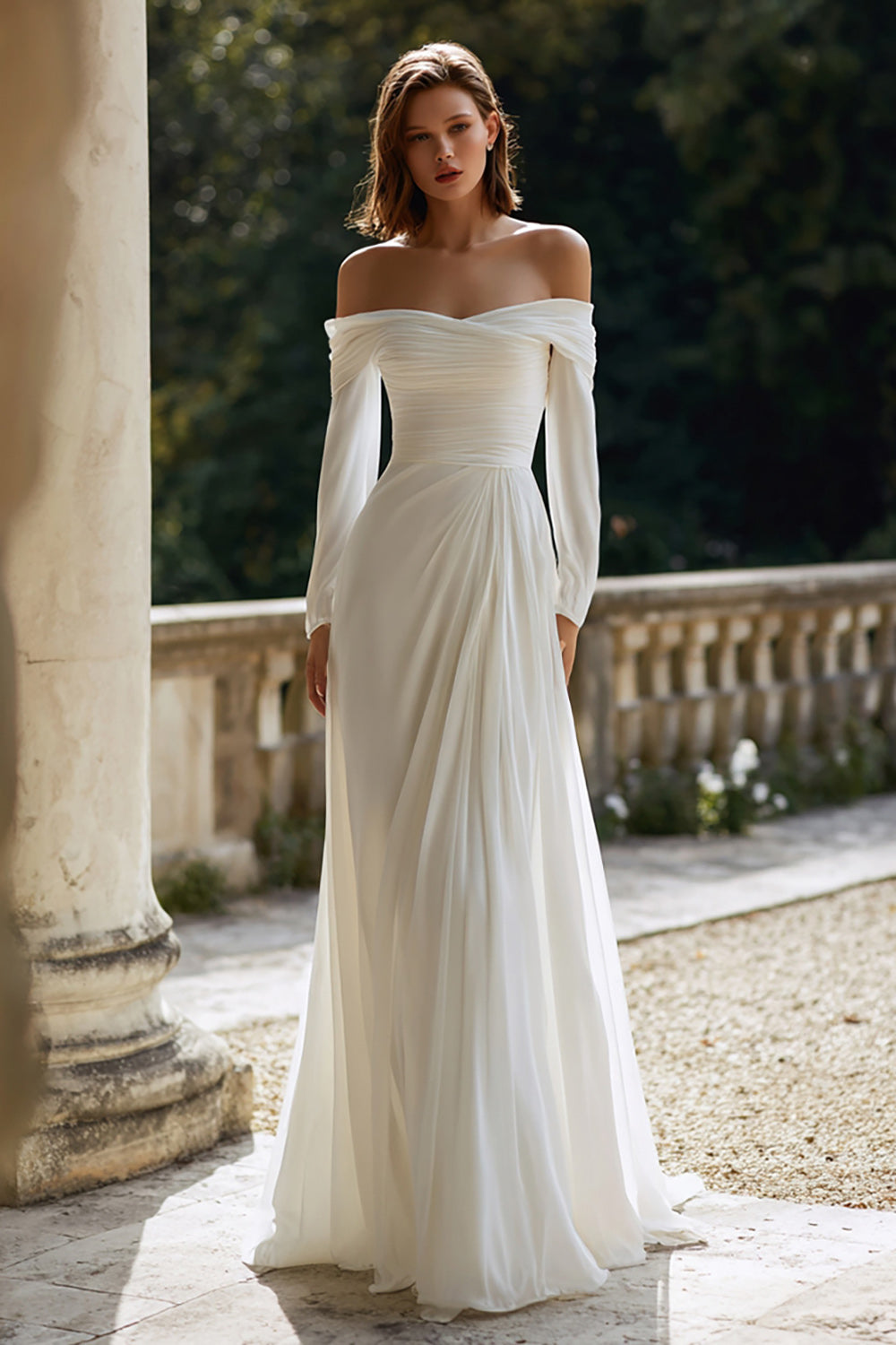 A Line Off The Shoulder Ivory Ruched Wedding Dress