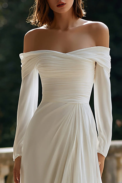 A Line Off The Shoulder Ivory Ruched Wedding Dress