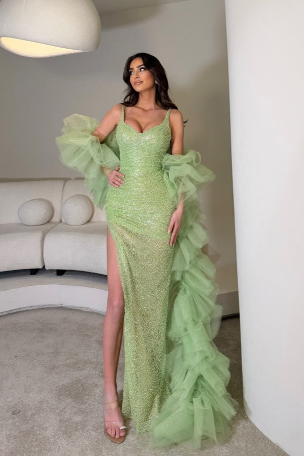 Sage Straps Prom Dress Sleeveless Sheath Beaded with Split