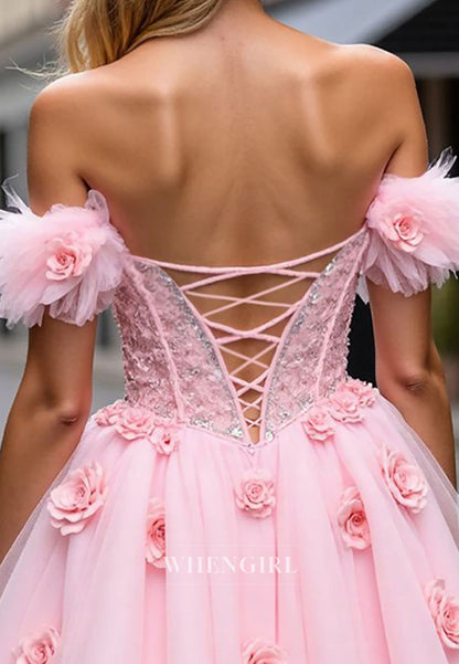 Pale Blush Sweetheart Beaded Lace Off Shoulder Flowers Tulle A-Line Short Homecoming Dress