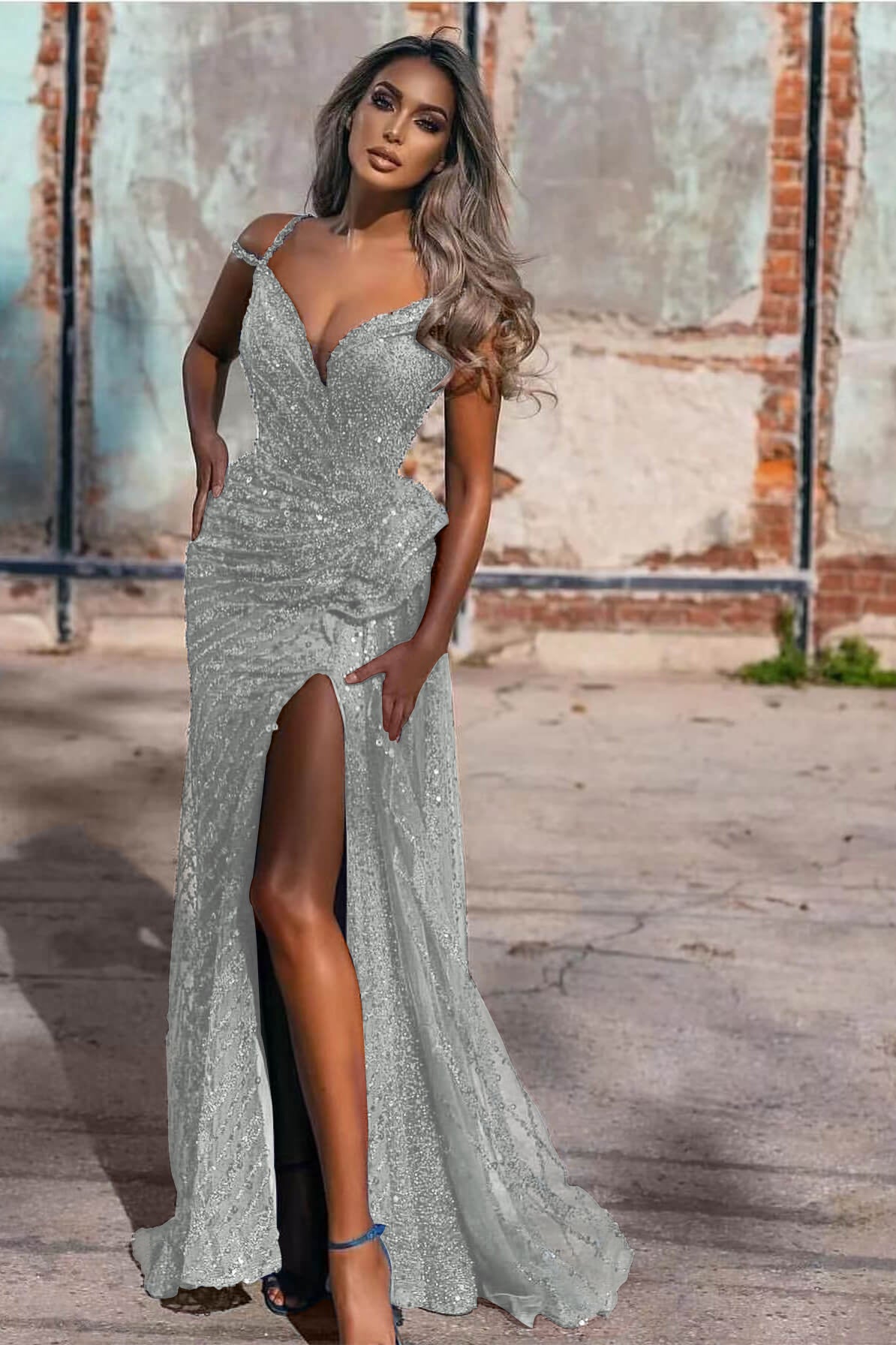 Royal Blue Off the Shoulder Sleeveless Evening Dress Mermaid Sequins With Split