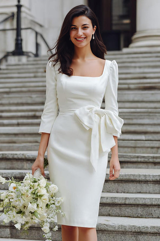 White Bodycon Square Neck Midi Wedding Dress with Bow