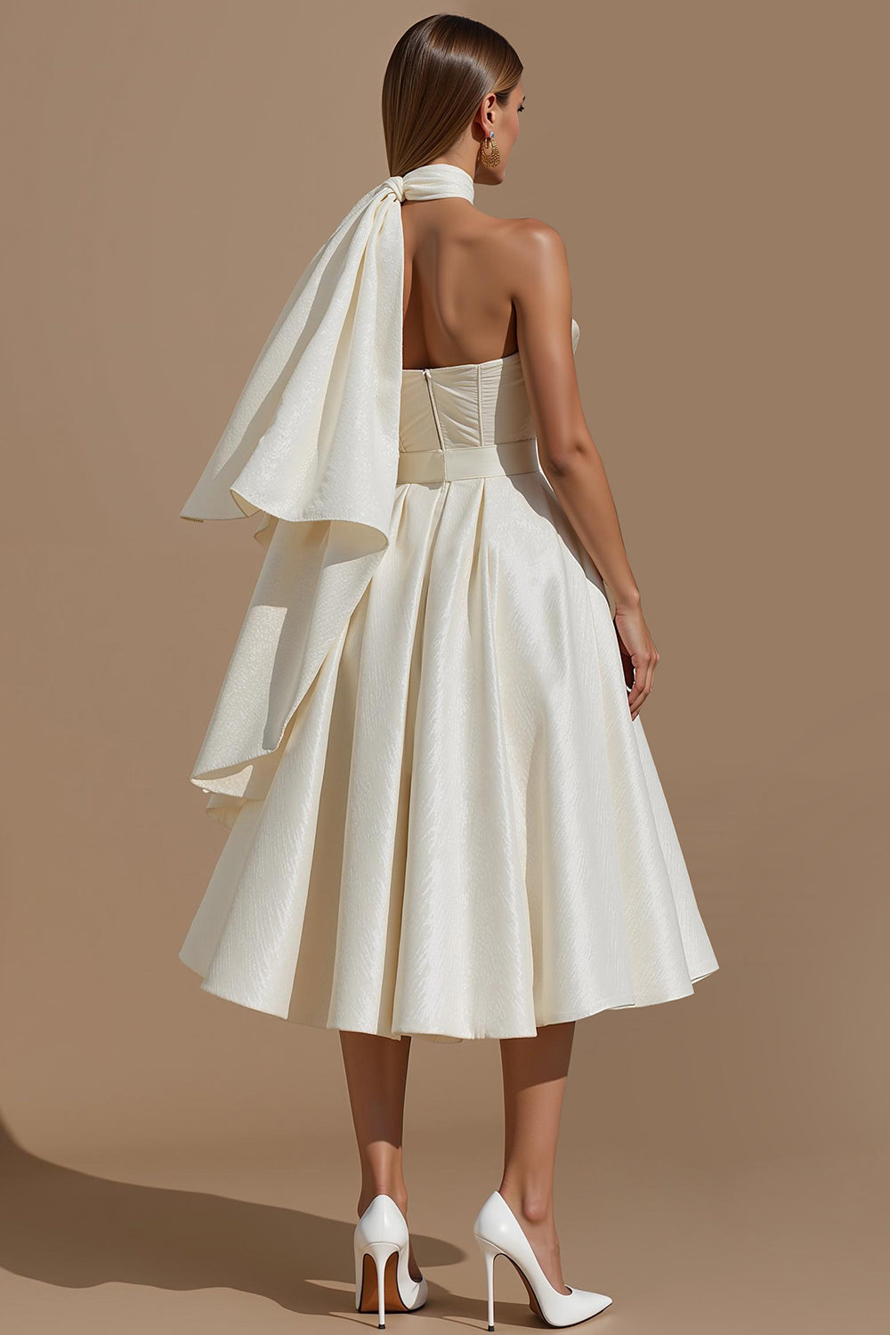 White Sweetheart A Line Midi Engagement Dress with Belt