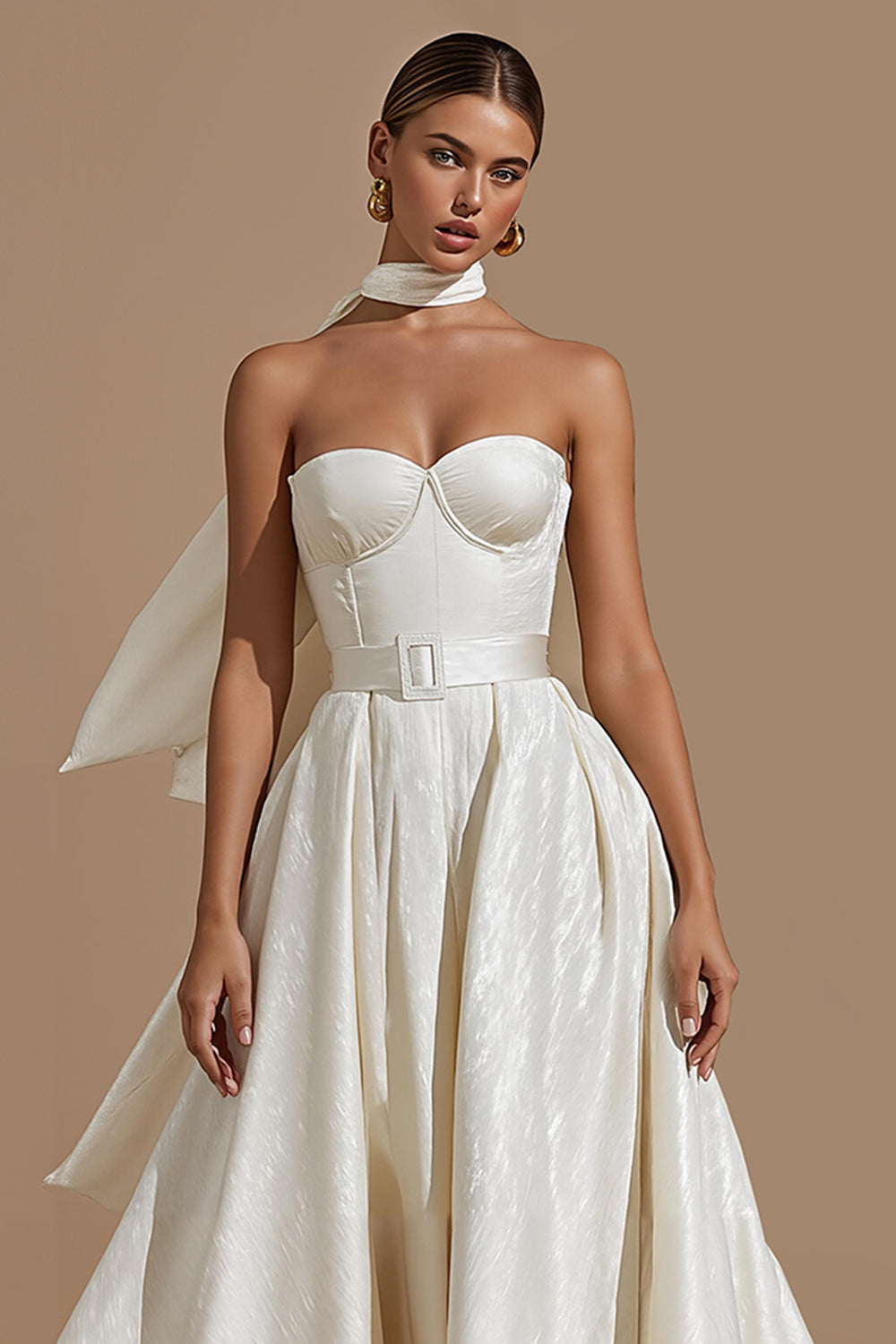 White Sweetheart A Line Midi Engagement Dress with Belt
