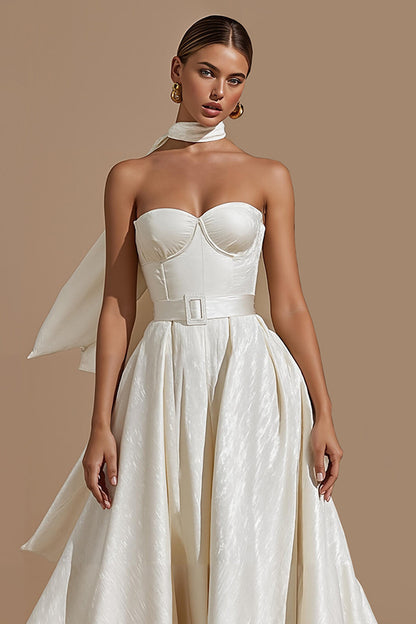 White Sweetheart A Line Midi Engagement Dress with Belt