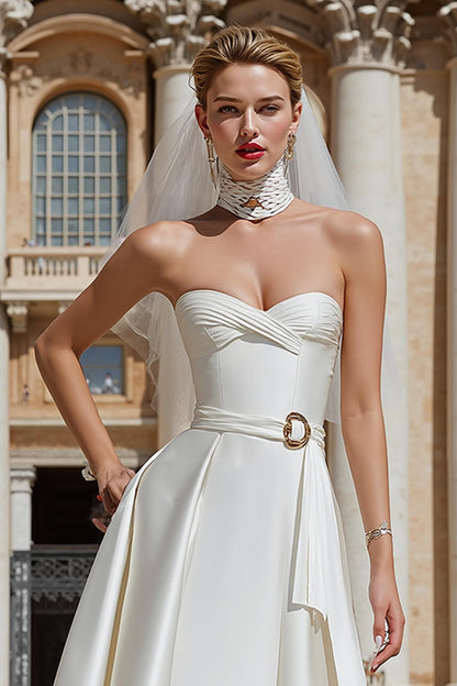 White A Line Sweetheart Short Wedding Dress with Belt