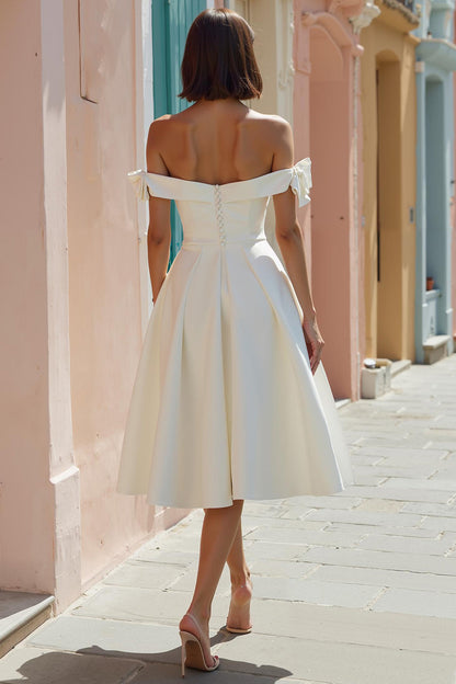 White A Line Off the Shoulder Midi Engagement Dress with Bows