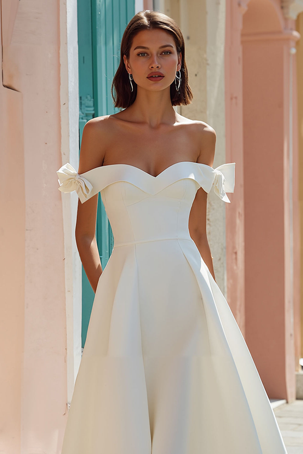 White A Line Off the Shoulder Midi Engagement Dress with Bows