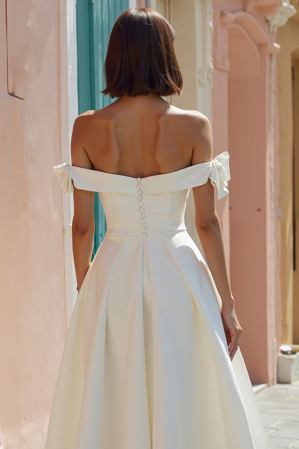 White A Line Off the Shoulder Midi Engagement Dress with Bows