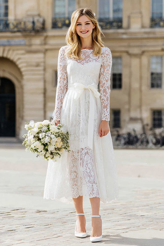 Ivory Lace A Line Long Wedding Dress with Sleeves