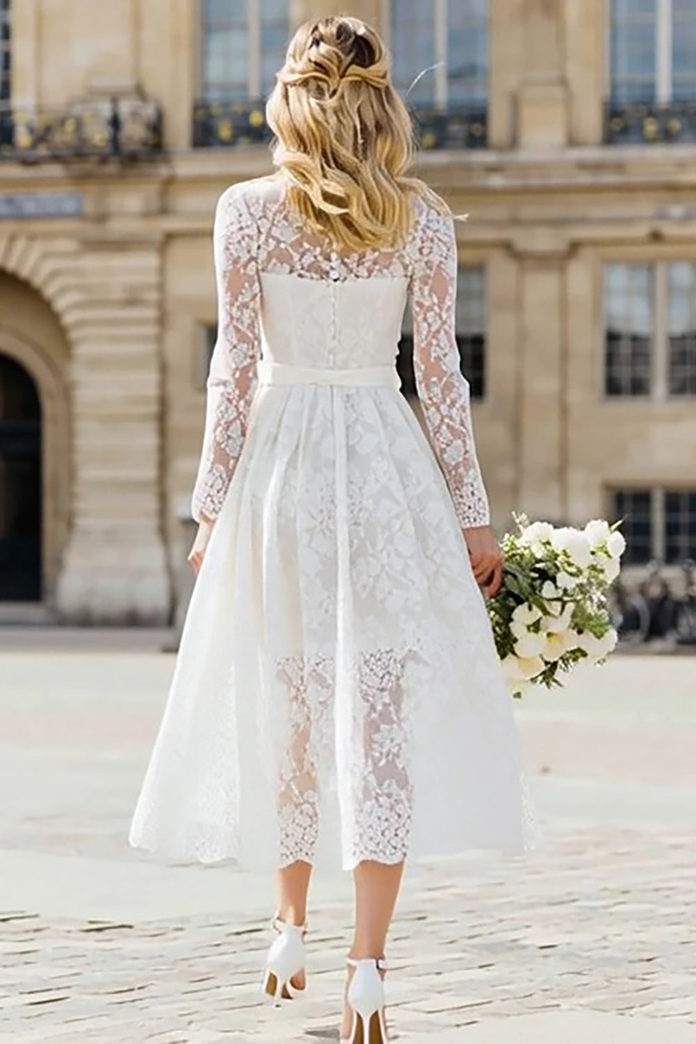 Ivory Lace A Line Long Wedding Dress with Sleeves
