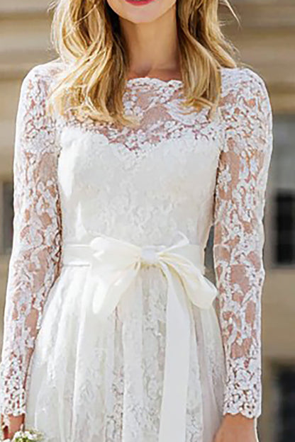 Ivory Lace A Line Long Wedding Dress with Sleeves