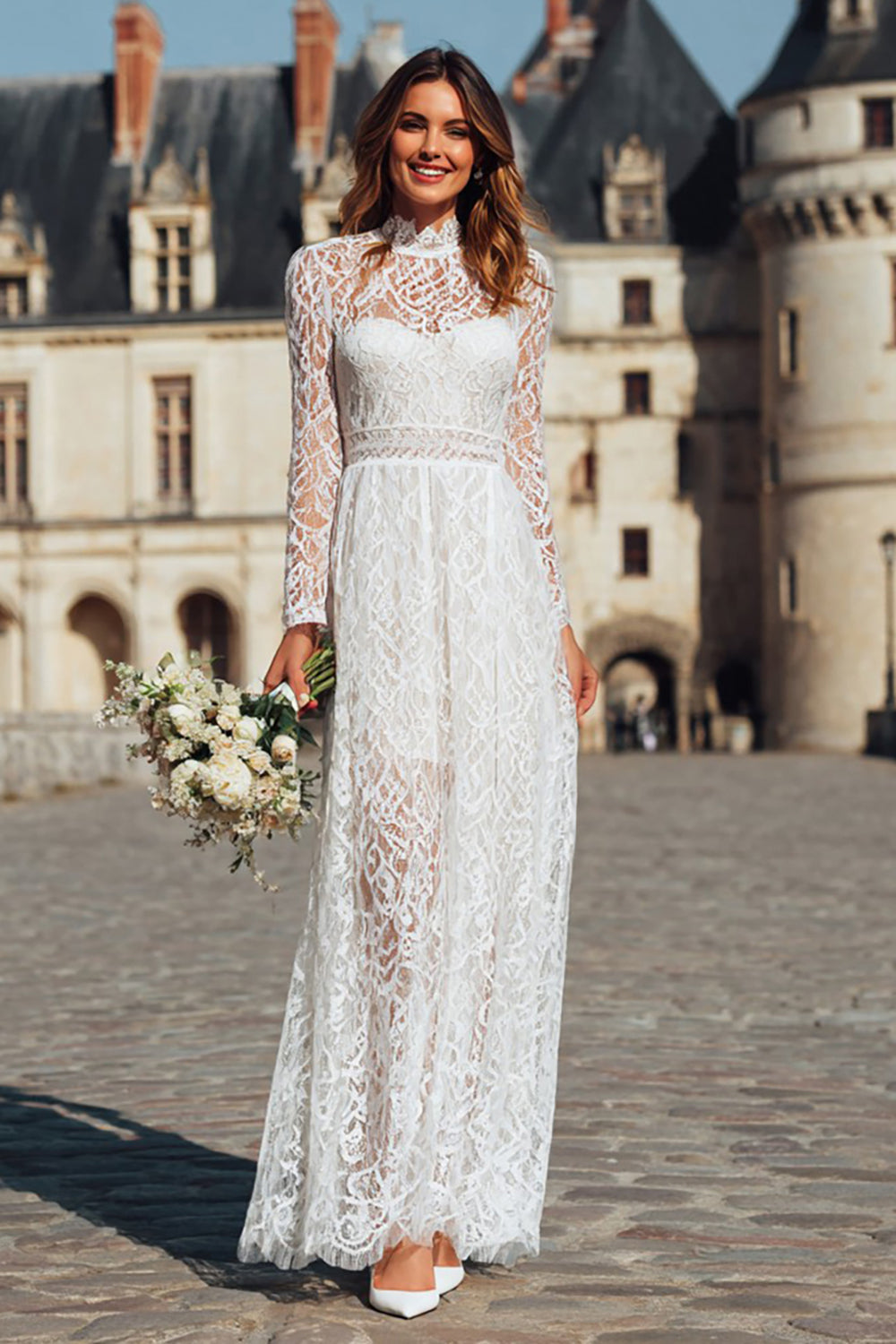 Ivory Sheath High Neck Long Boho Wedding Dress with Sleeves