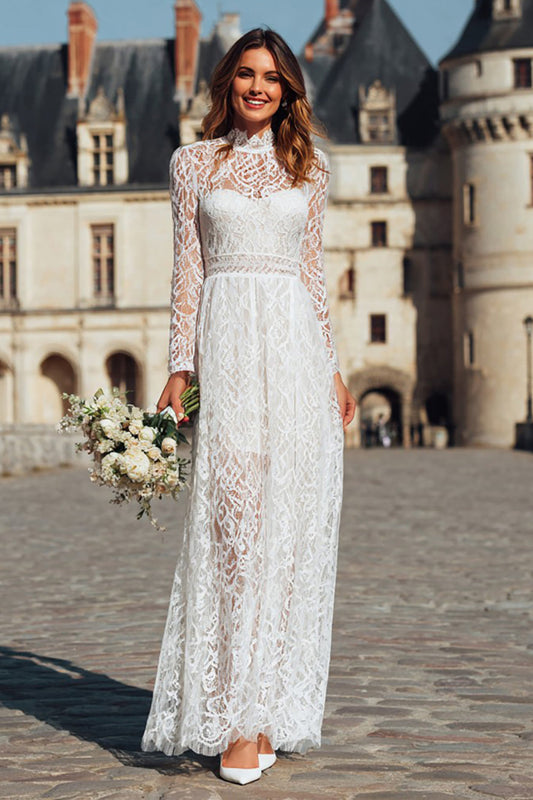 Ivory Sheath High Neck Long Boho Wedding Dress with Sleeves
