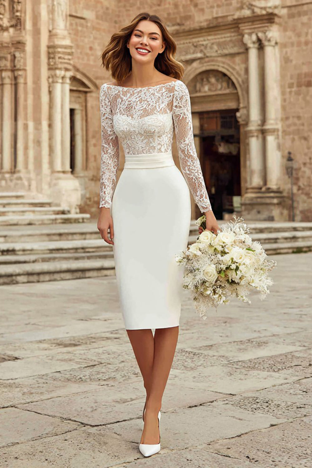 Ivory Bateau Neck Bodycon Midi Wedding Dress with Sleeves
