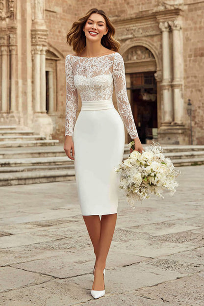 Ivory Bateau Neck Bodycon Midi Wedding Dress with Sleeves