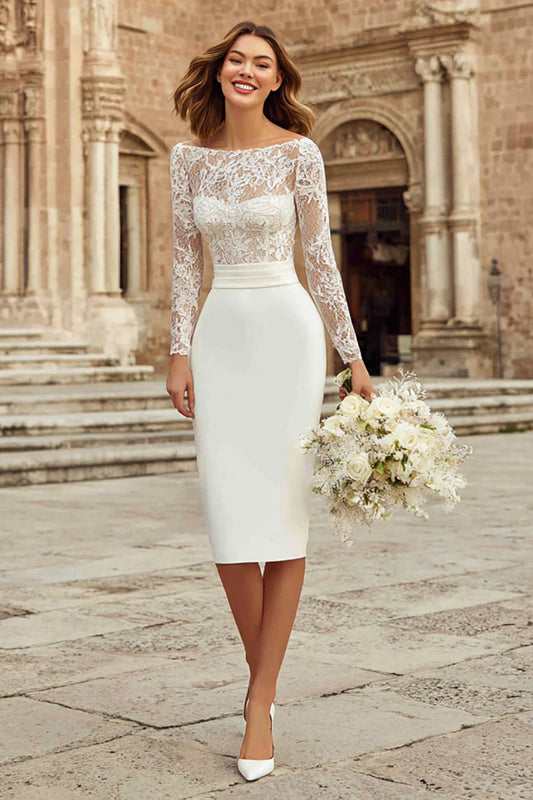 Ivory Bateau Neck Bodycon Midi Wedding Dress with Sleeves