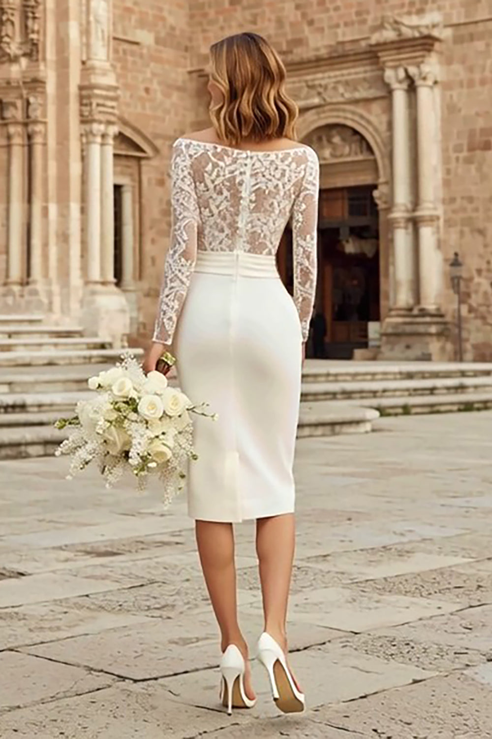 Ivory Bateau Neck Bodycon Midi Wedding Dress with Sleeves