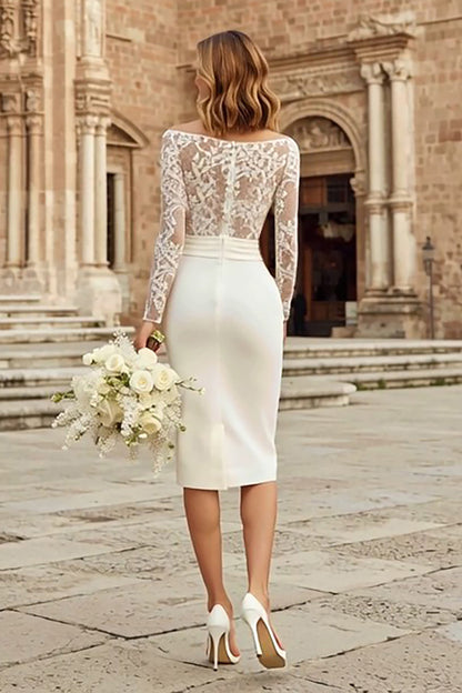 Ivory Bateau Neck Bodycon Midi Wedding Dress with Sleeves