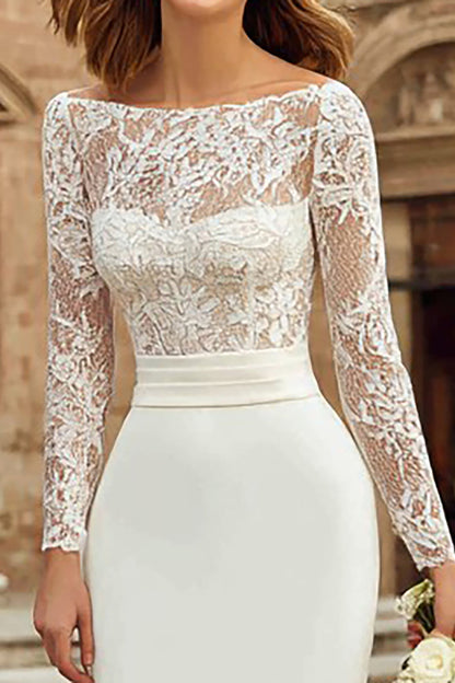 Ivory Bateau Neck Bodycon Midi Wedding Dress with Sleeves
