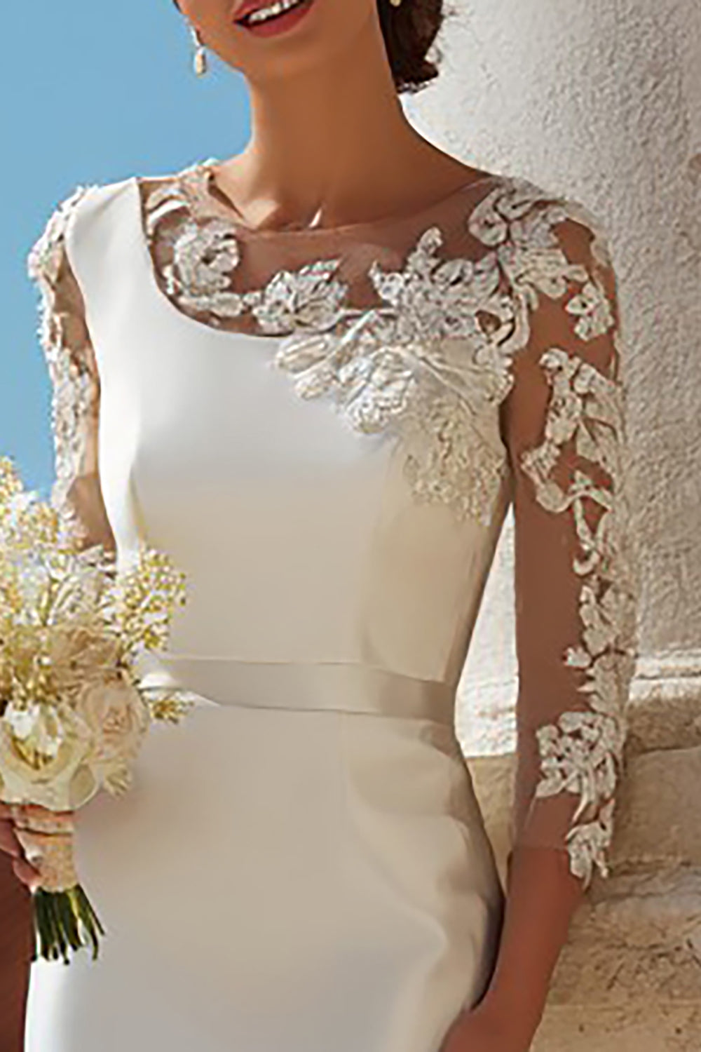 Ivory Bodycon Appliqued Midi Wedding Dress with Sleeves