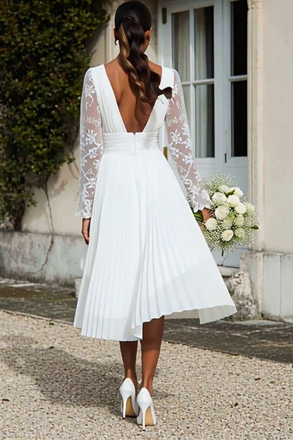 Ivory Pleated V-Neck Midi Engagement Dress with Lace