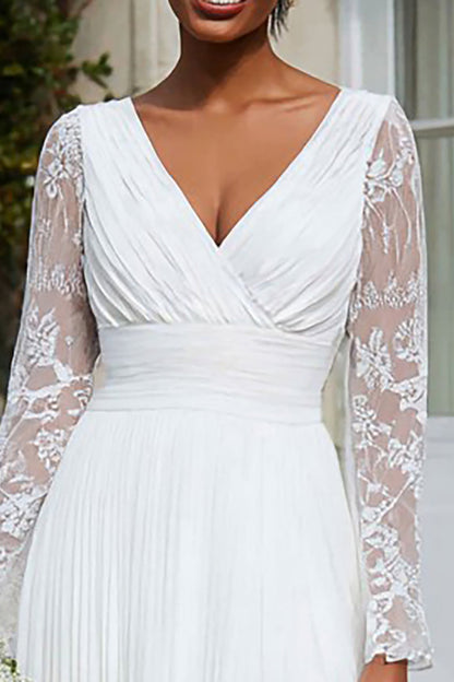 Ivory Pleated V-Neck Midi Engagement Dress with Lace