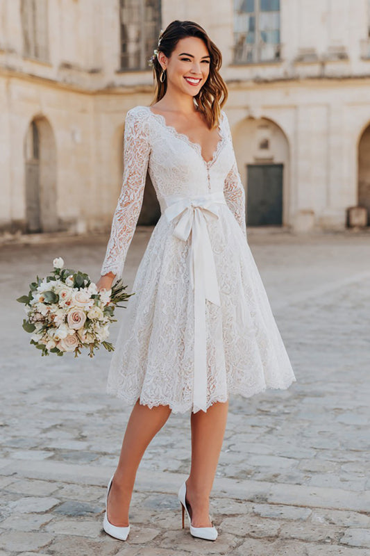 Ivory Lace A Line Midi Boho Wedding Dress with Sleeves