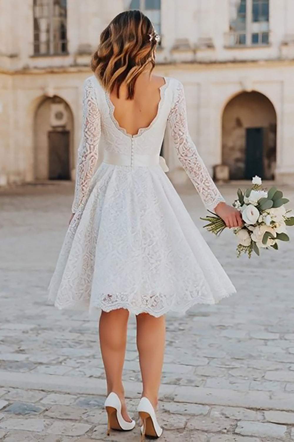 Ivory Lace A Line Midi Boho Wedding Dress with Sleeves